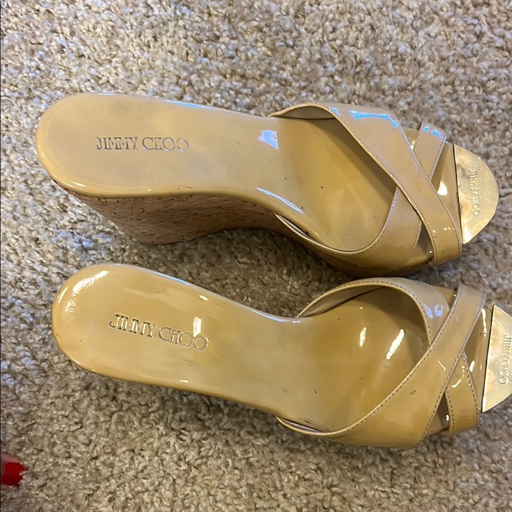 Jimmy Choo Tan Patent Wedge Sandals